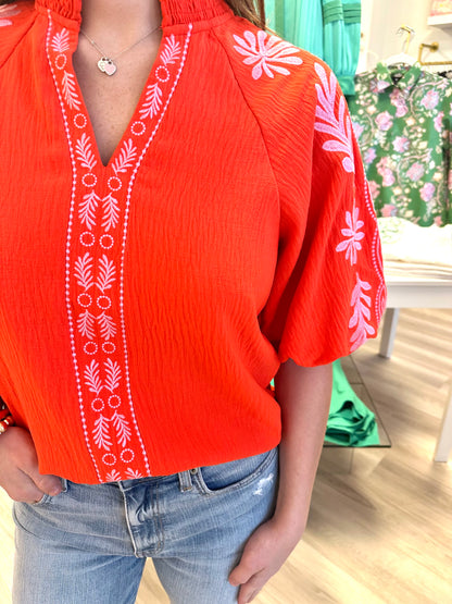 Orange V Neck with Puff Sleeve