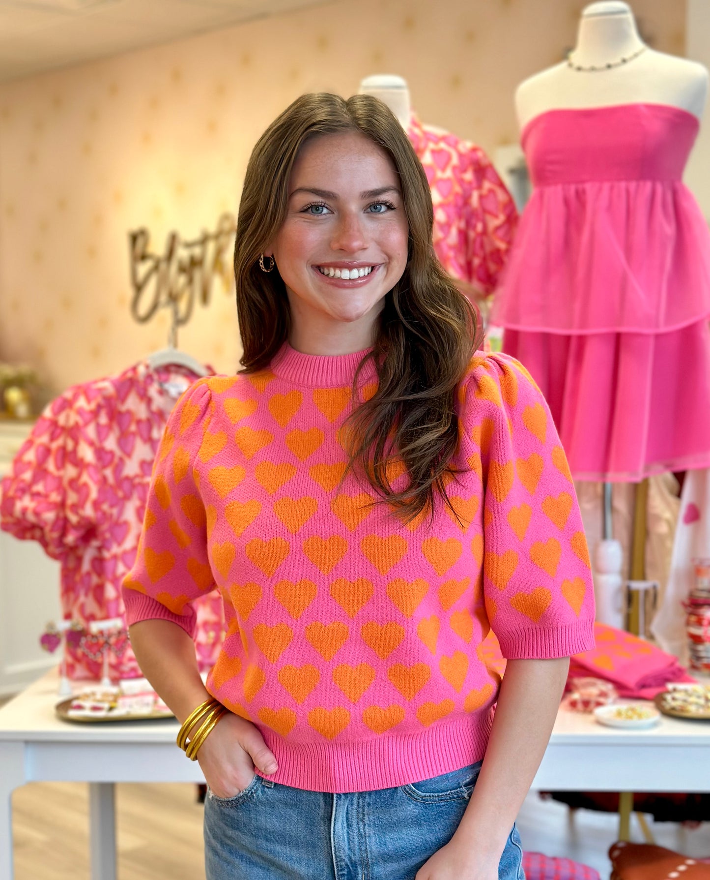 Short Sleeve Heart Knit Top in Pink
