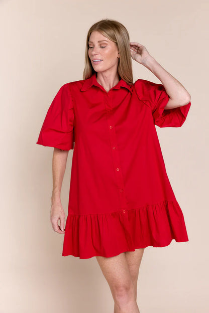 FINAL SALE Linda Puff Sleeve Dress in Red