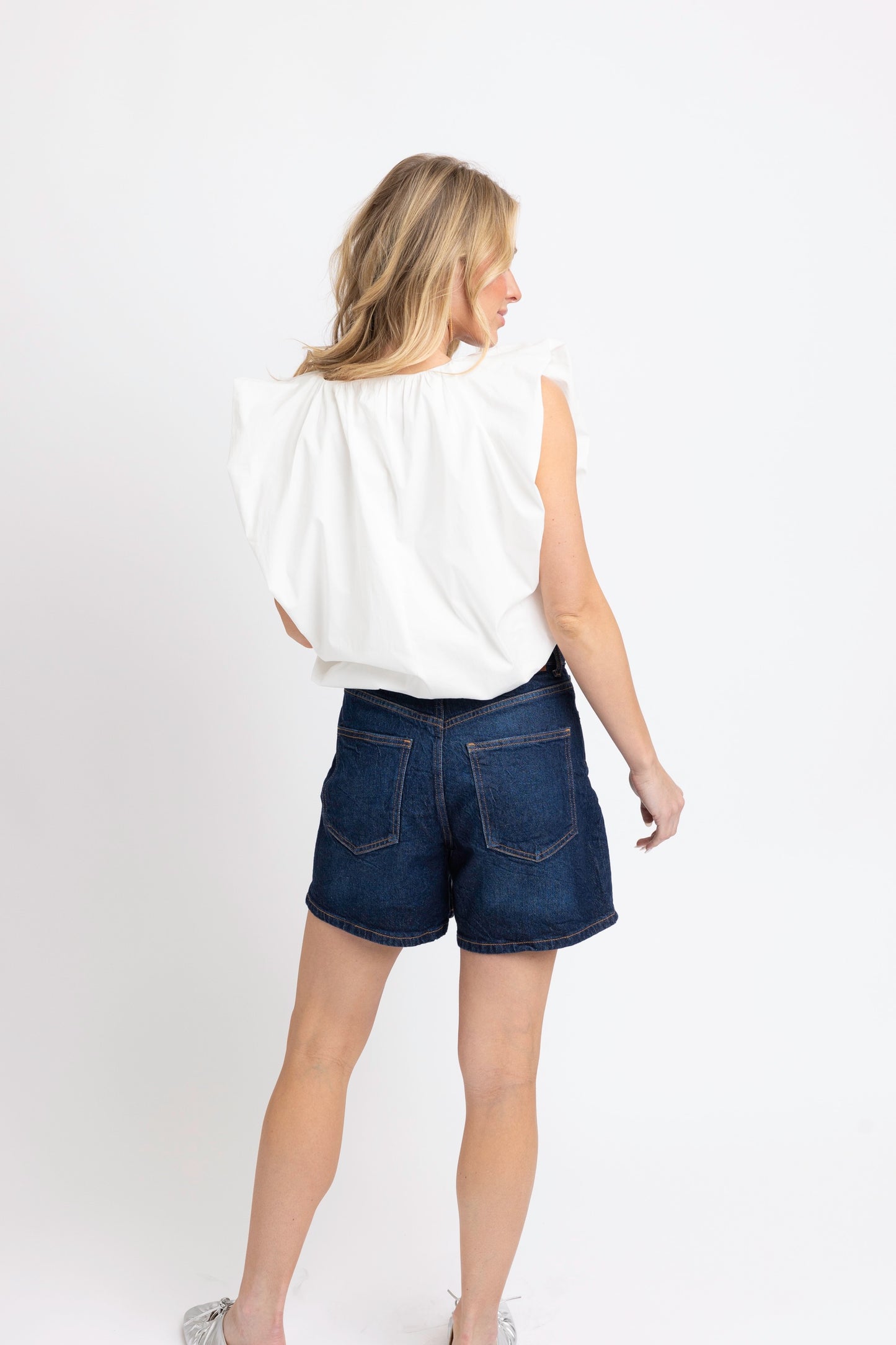 White Poplin VNeck Bubble Top