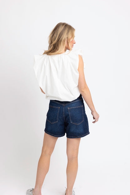 White Poplin VNeck Bubble Top