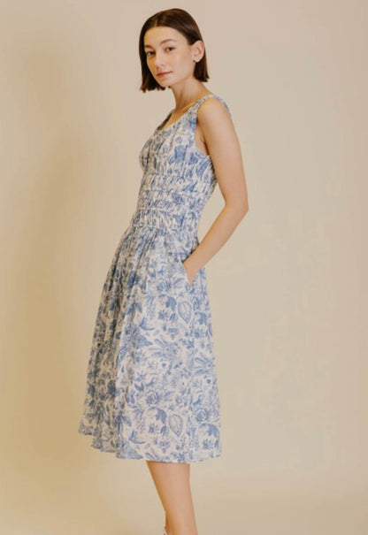 Gathered Midi Dress in Blue Toile Blythe Gathered Midi Dress in Blue Toile Blythe