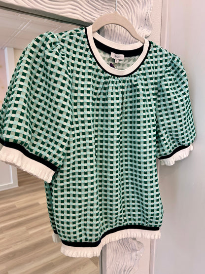 Puff Sleeve Striped Textured Plaid Knit Top