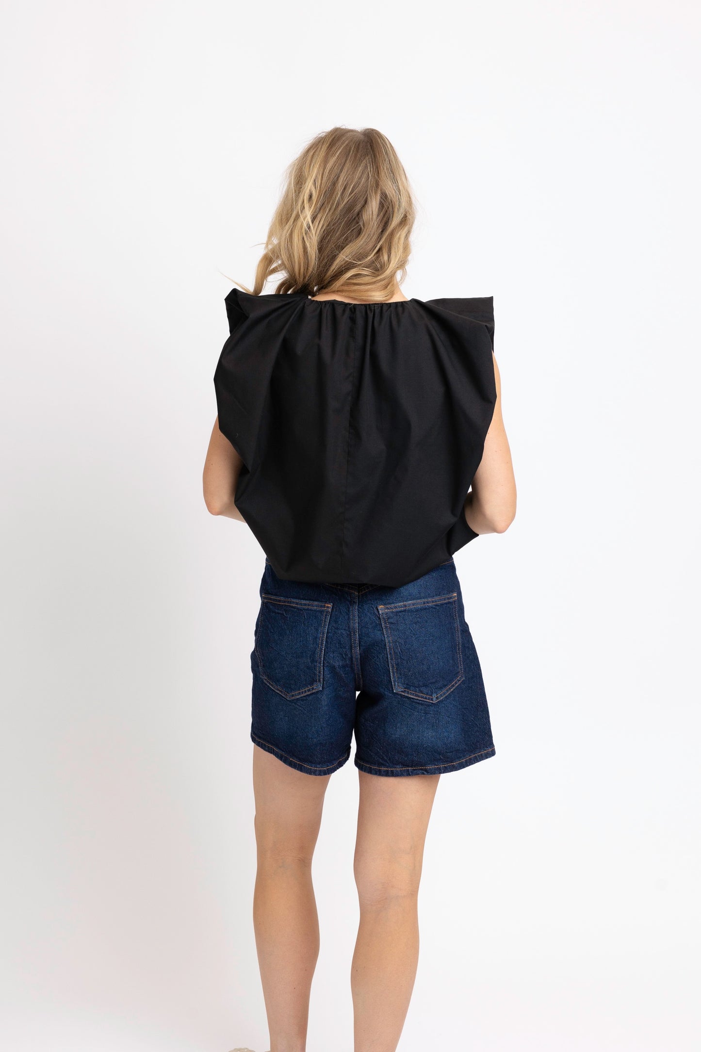 Black Poplin VNeck Bubble Top