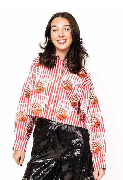 Red & White Striped Basketball Hoop Button Up