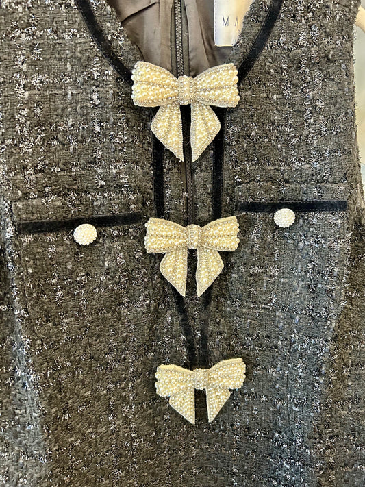 Jewel Bow Detail Tweed Mini Dress in Black