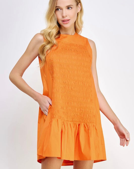 Smock Detail Orange Poplin Mini Dress