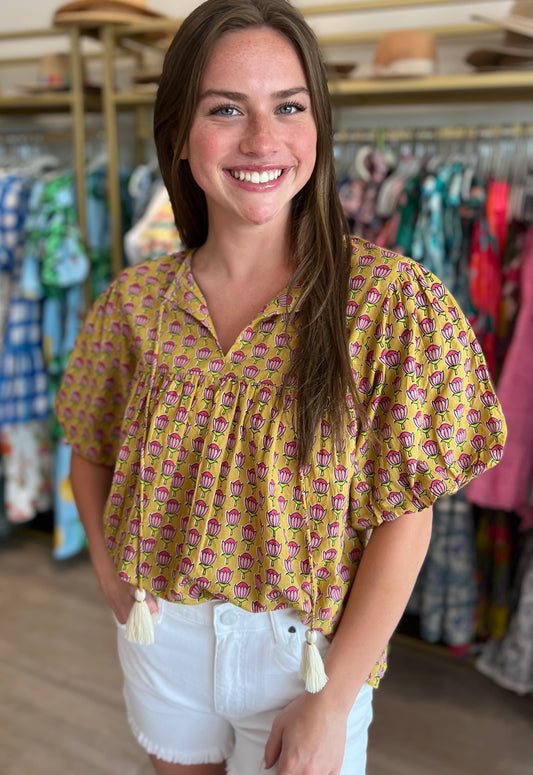 Marigold SS Floral Top w/Tassel