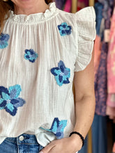 Load image into Gallery viewer, Ruffle Sleeve Embroidered Top in Blue
