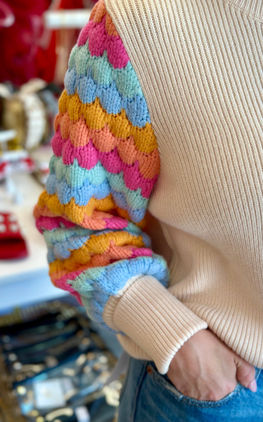 Ribbed Knit Pattern Sleeve Sweater in Cream