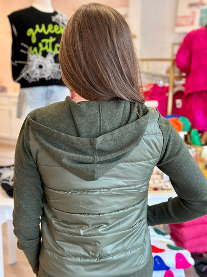 Knit/Puffer Hoodie in Military