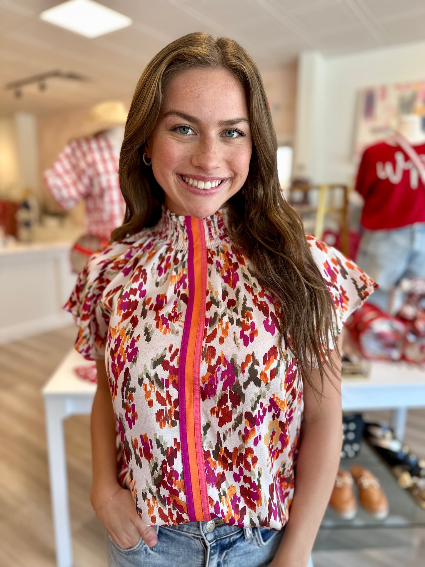 Smocked Neck Print Top