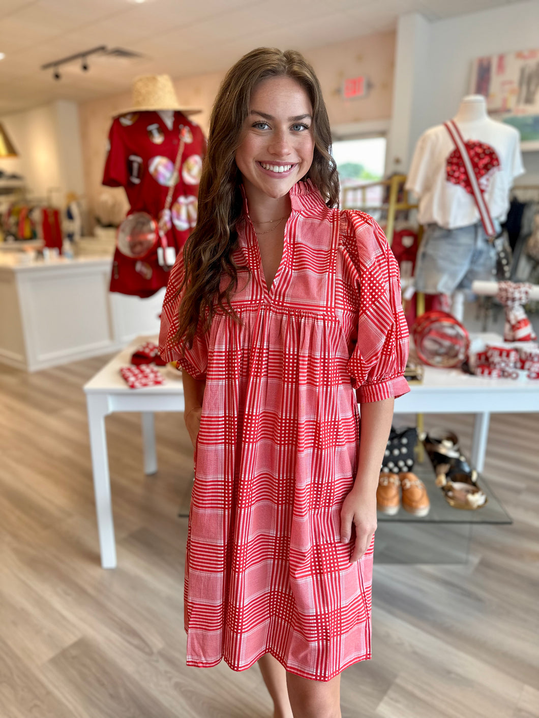 Red Cotton Plaid High Neck Dress