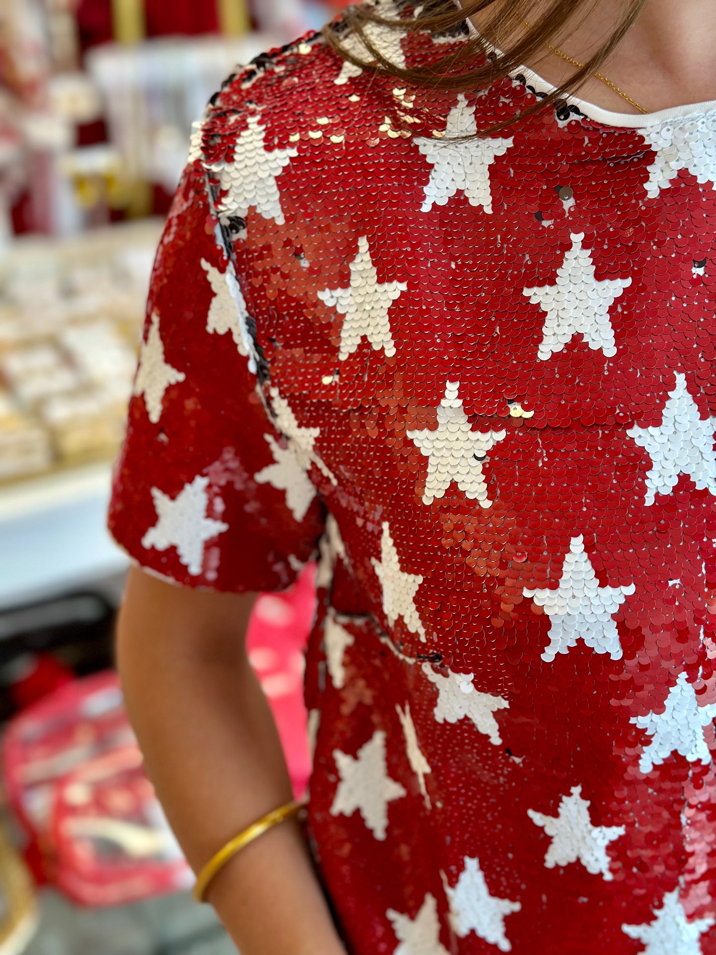 Star Sequin Top in Red/White