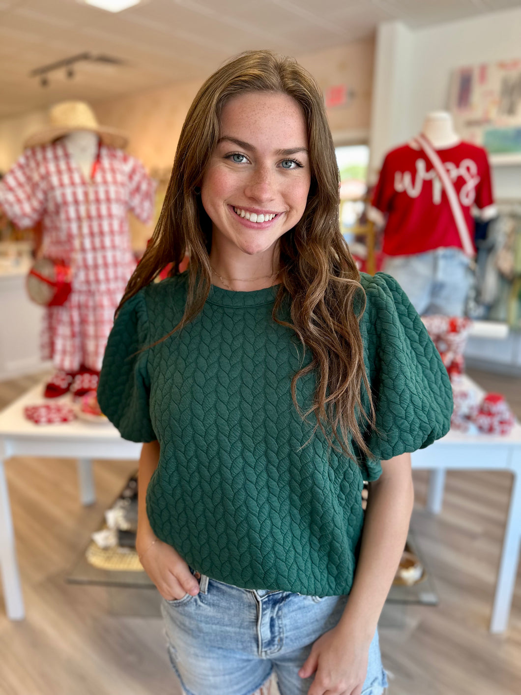 Puff Sleeve Textured Top in Green