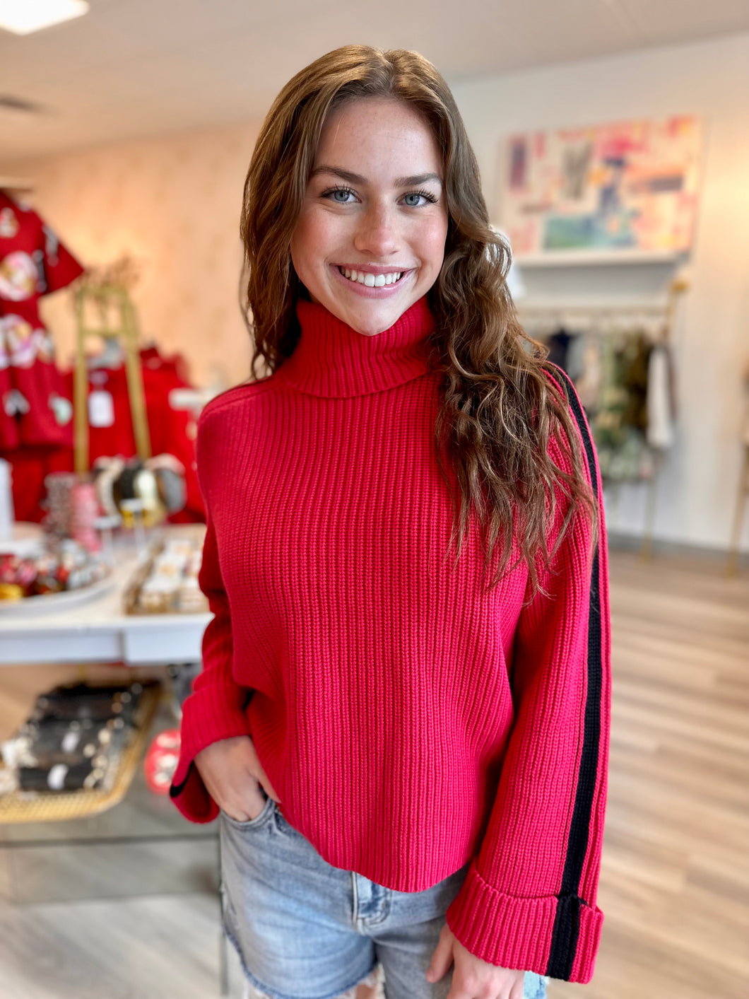 Chunky T-Neck Stripe Sweater in Red