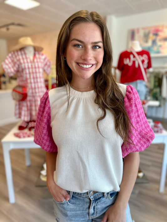 Tweed Puff Sleeve Knit Top