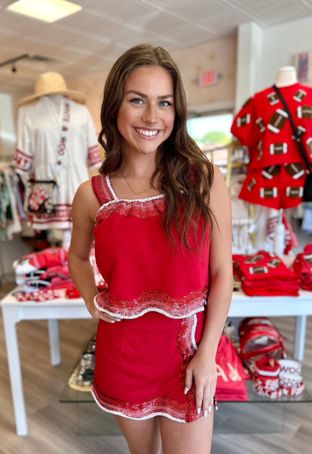 Red and White Sequin Wavy Skort