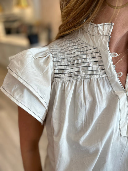 Smocked Top in Cream w/ Black Thread