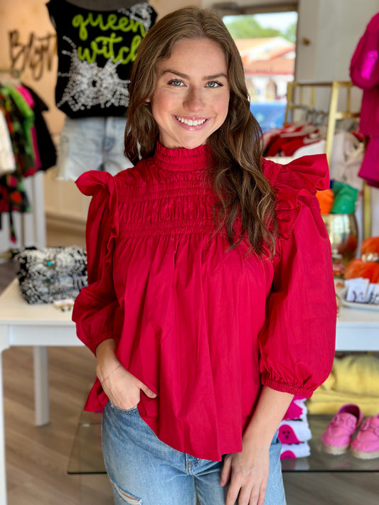 Ruched Flutter Sleeve Top In Red