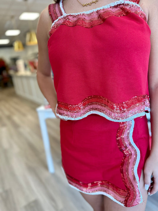 Red and White Sequin Wavy Skort