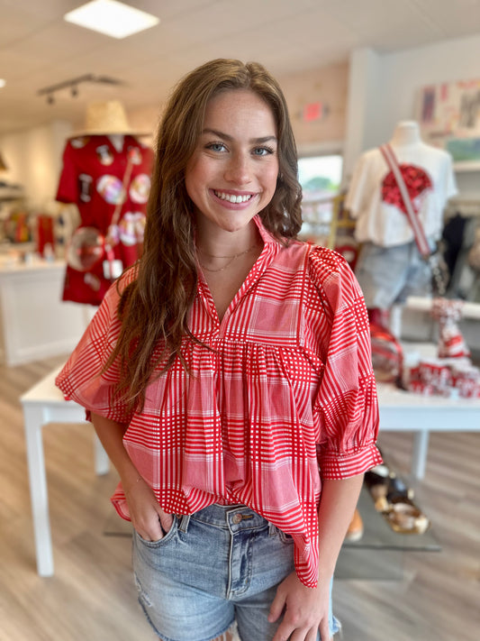 Red Cotton Plaid High Neck Top