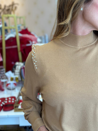 Mock Neck Pearl Sweater in Camel