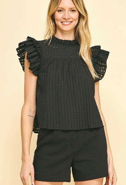 Dot Ruffle Sleeve Top in Black