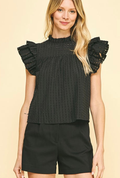 Dot Ruffle Sleeve Top in Black