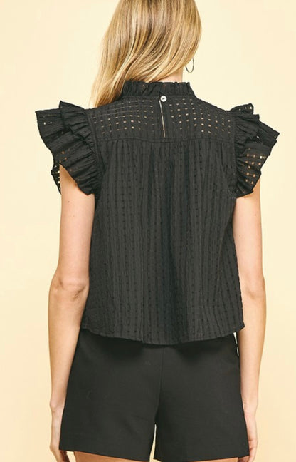 Dot Ruffle Sleeve Top in Black