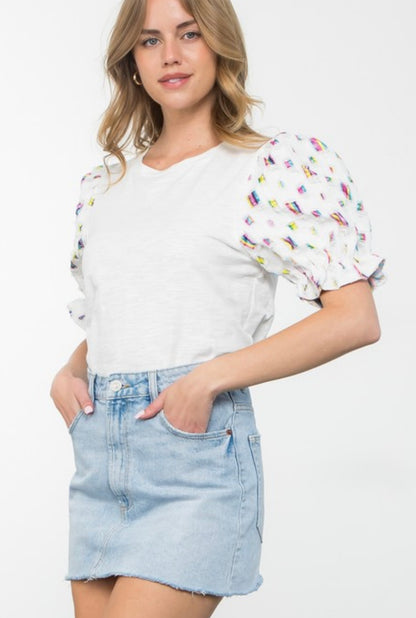 Short Sleeve Balloon Sleeve Knit Top in White