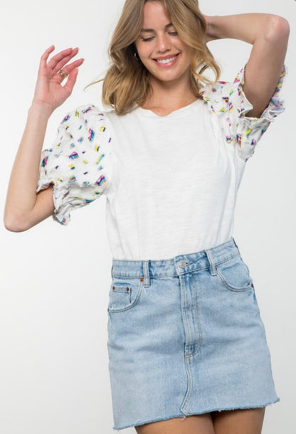 Short Sleeve Balloon Sleeve Knit Top in White