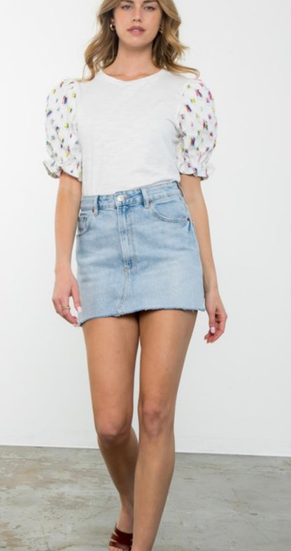 Short Sleeve Balloon Sleeve Knit Top in White