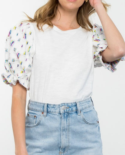 Short Sleeve Balloon Sleeve Knit Top in White
