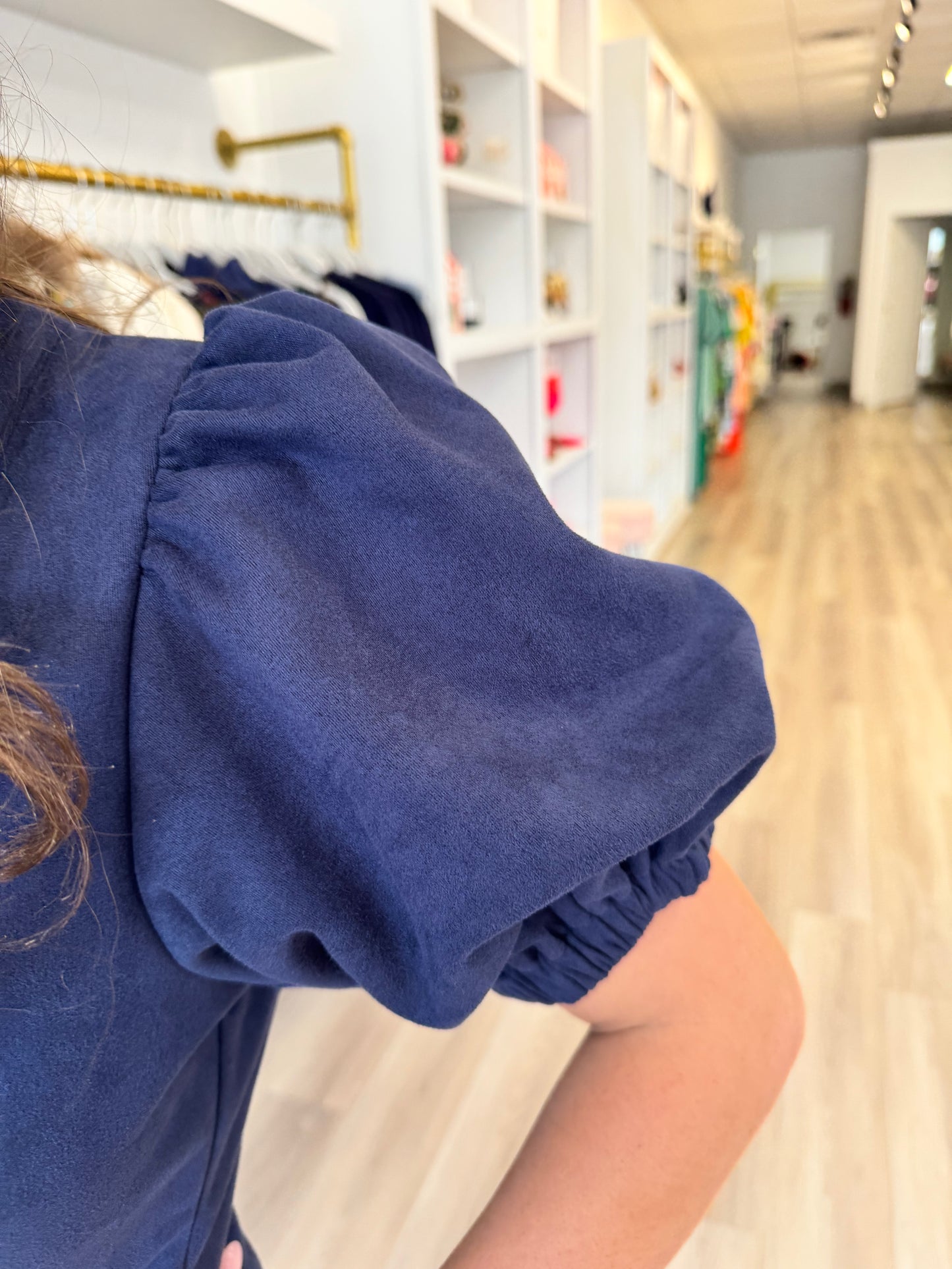Puff Sleeve Button Up Suede Dress in Navy