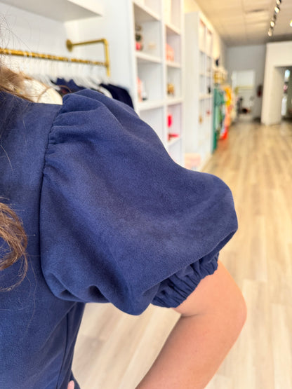 Puff Sleeve Button Up Suede Dress in Navy