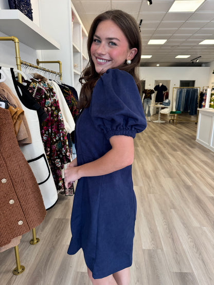 Puff Sleeve Button Up Suede Dress in Navy