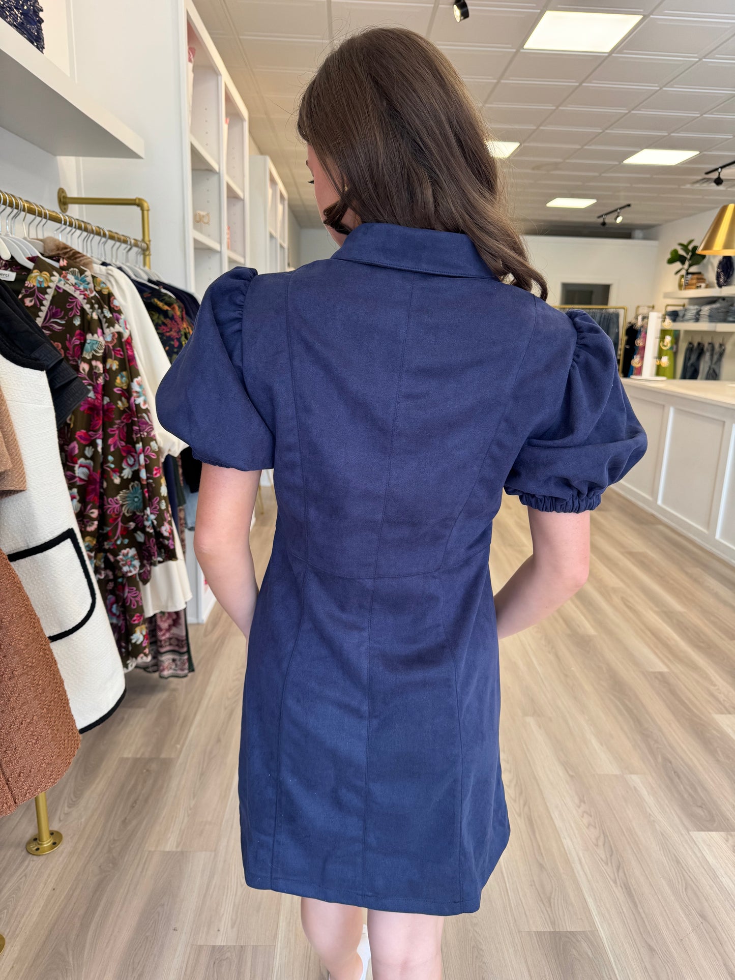 Puff Sleeve Button Up Suede Dress in Navy
