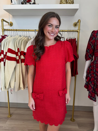 Scallop Edge Puff Sleeve Tweed Dress