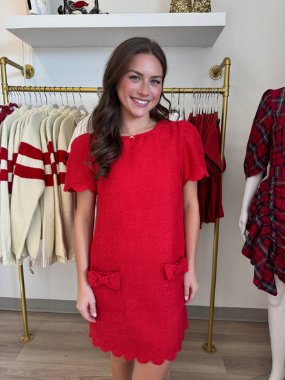 Scallop Edge Puff Sleeve Tweed Dress