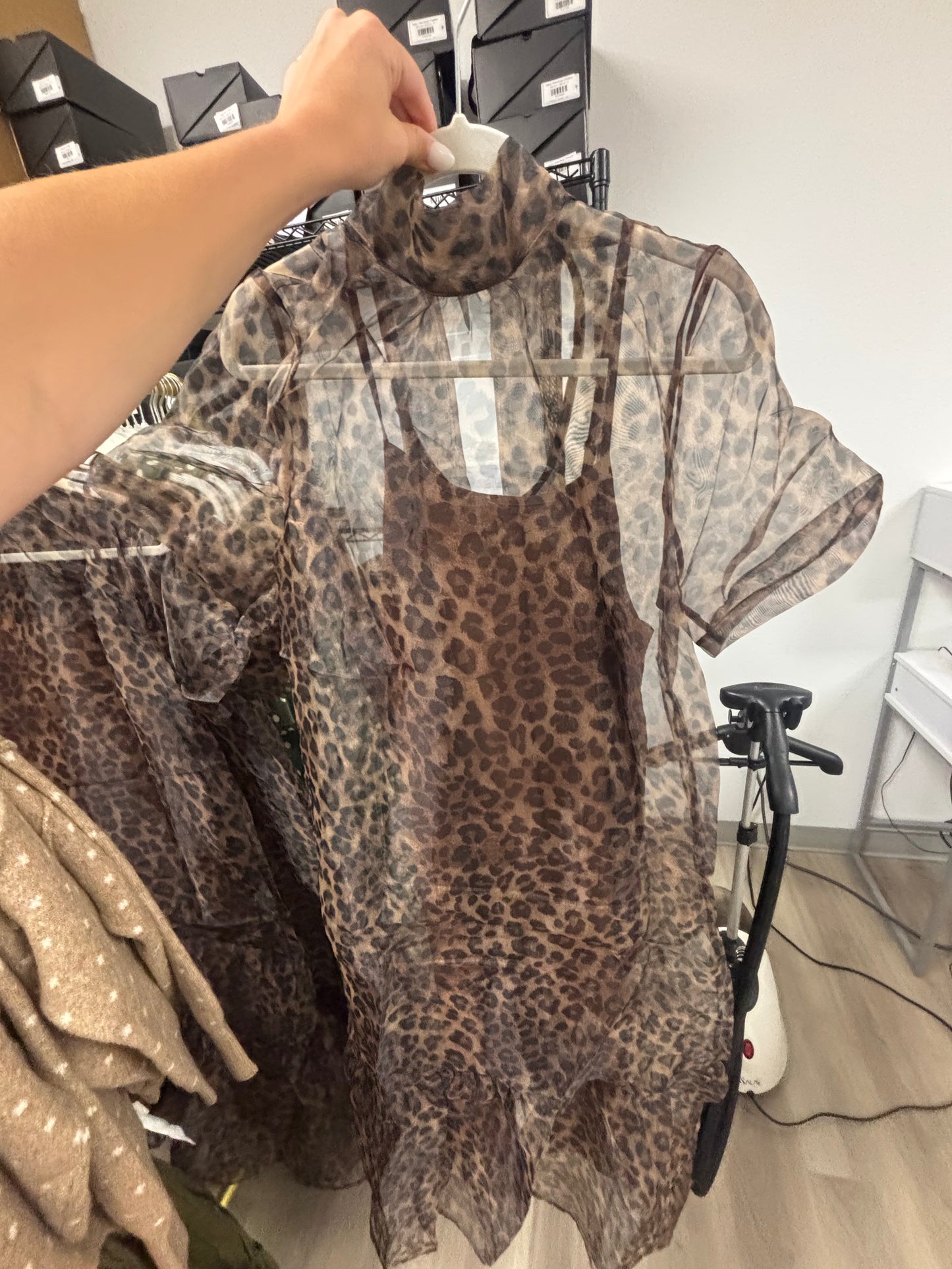 Leopard Print Sheer Overlay Maxi Dress