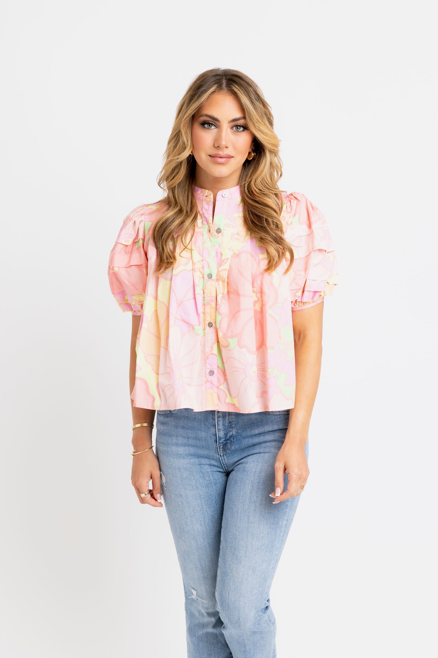 Big Floral Pastel Pleat Sleeve Top