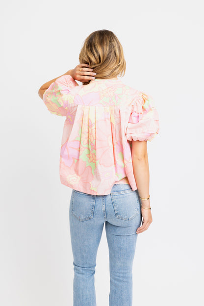 Big Floral Pastel Pleat Sleeve Top