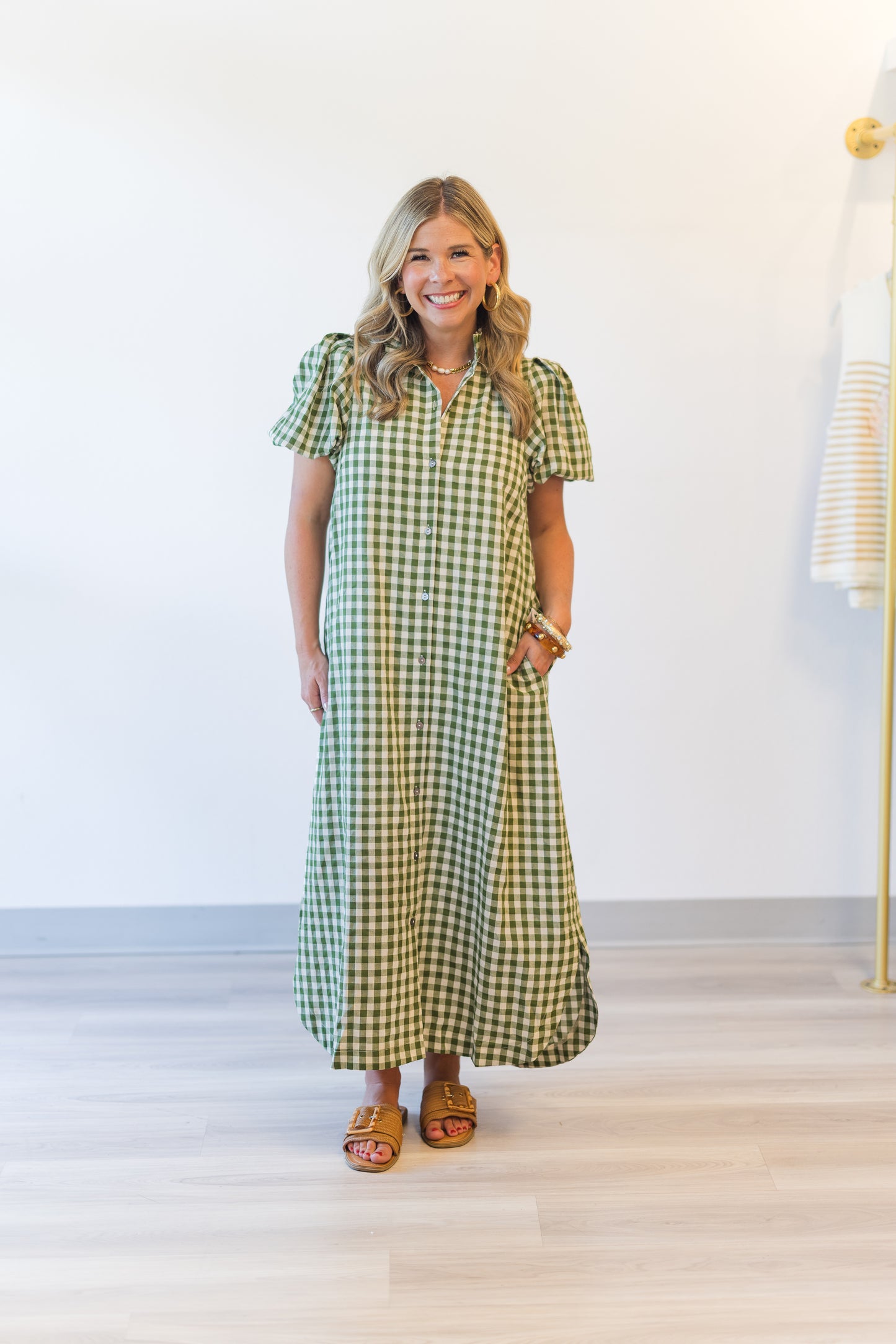 Olive Gingham Midi Dress