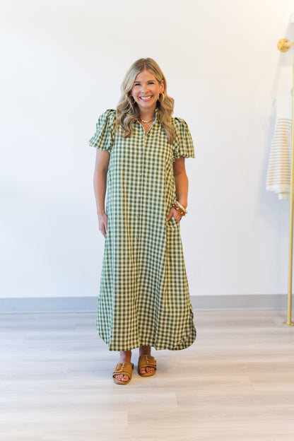 Olive Gingham Midi Dress