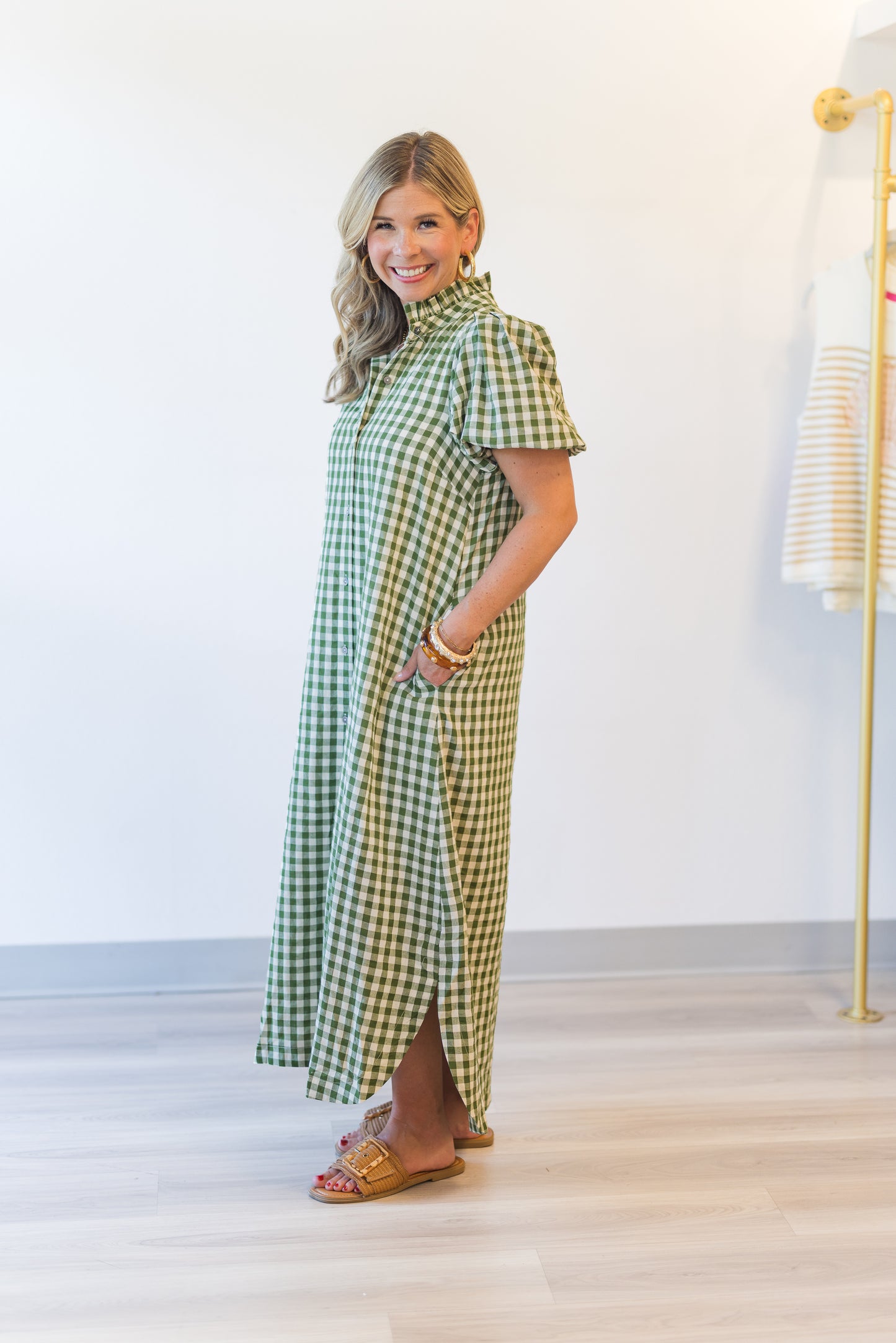 Olive Gingham Midi Dress