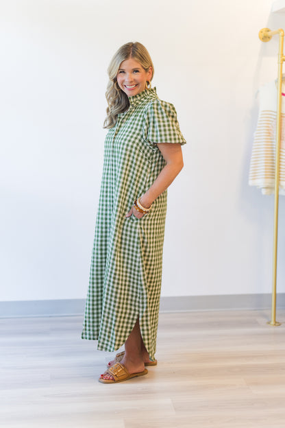 Olive Gingham Midi Dress