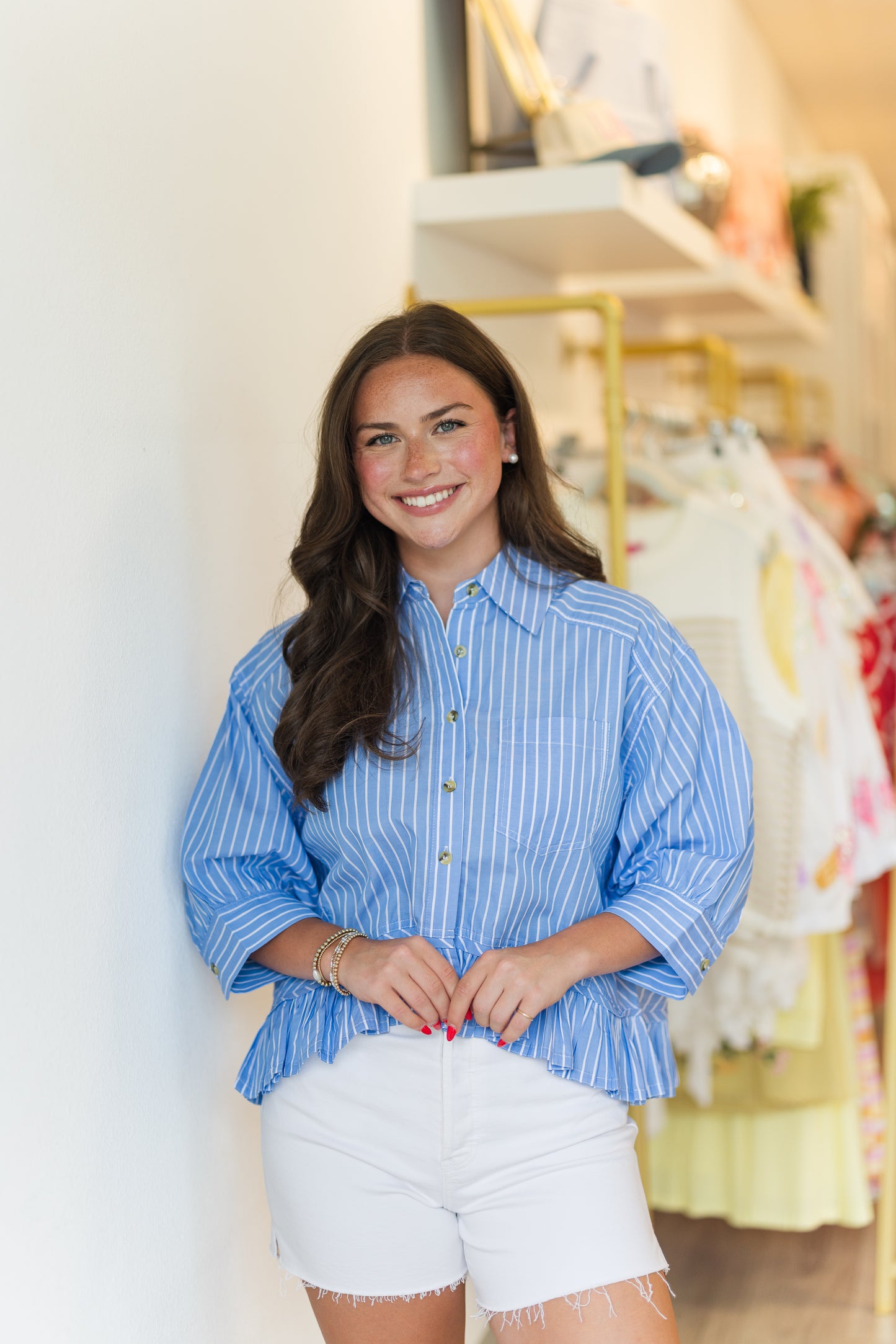 Emily Stripe Poplin Ruffle Top