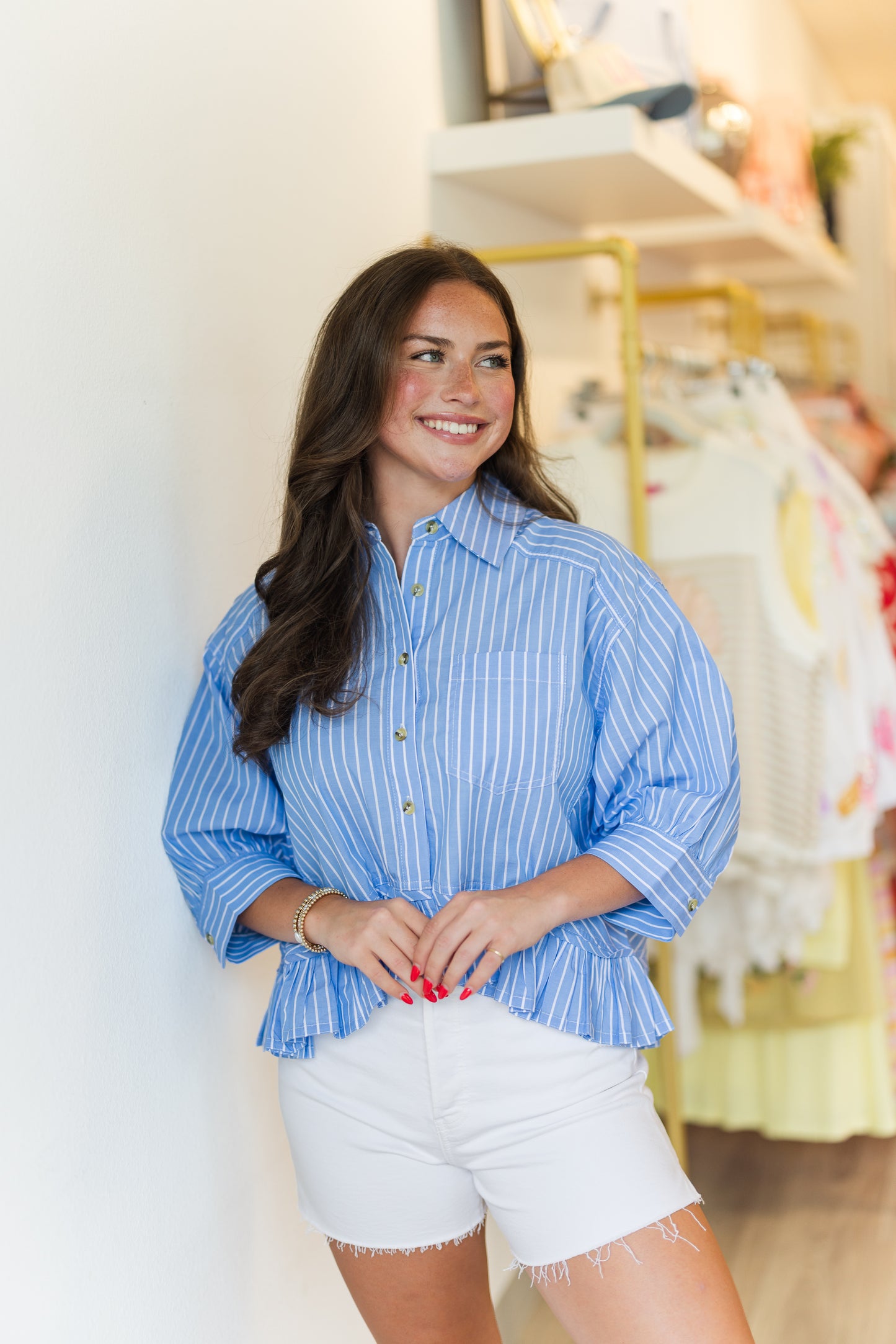 Emily Stripe Poplin Ruffle Top