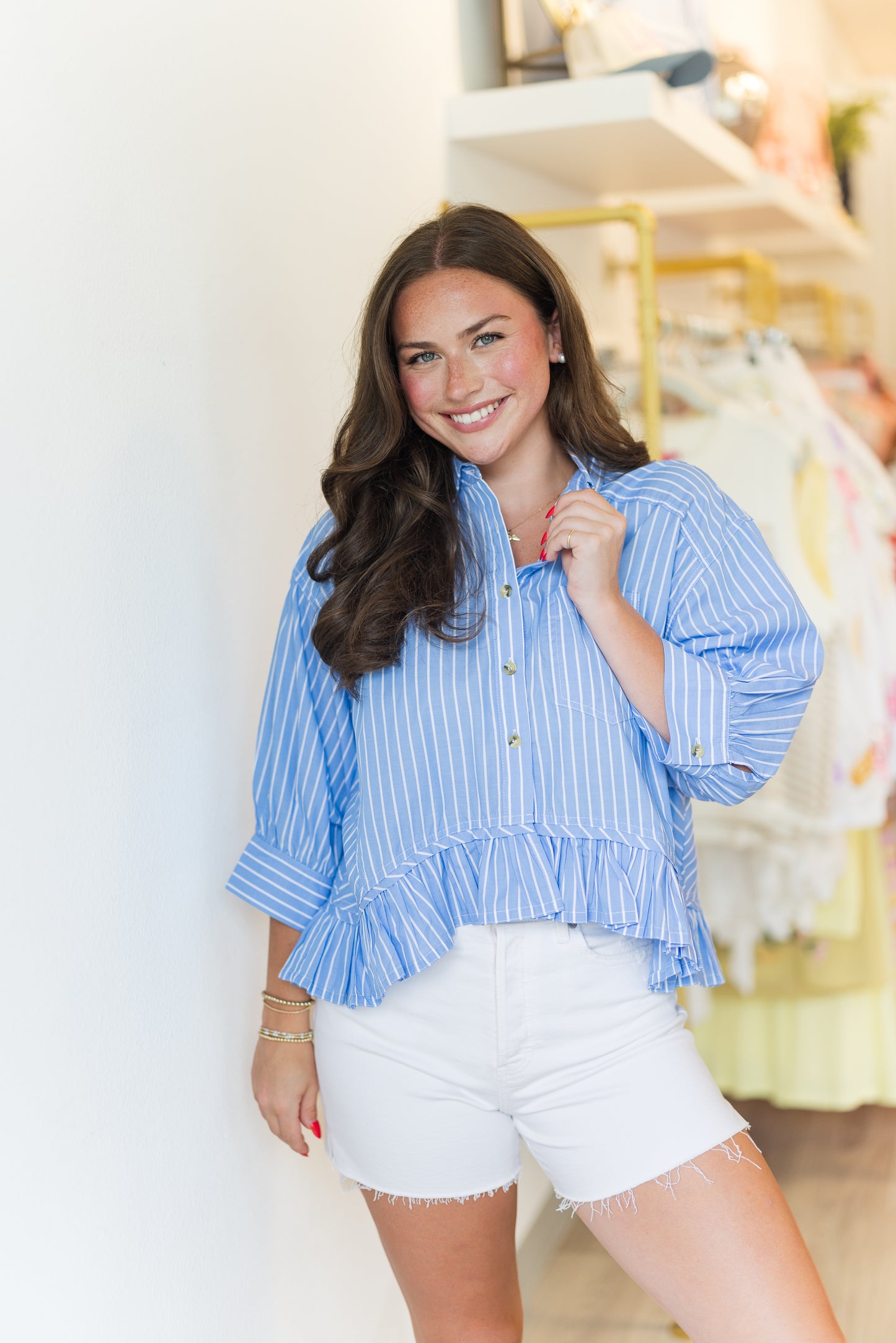 Emily Stripe Poplin Ruffle Top